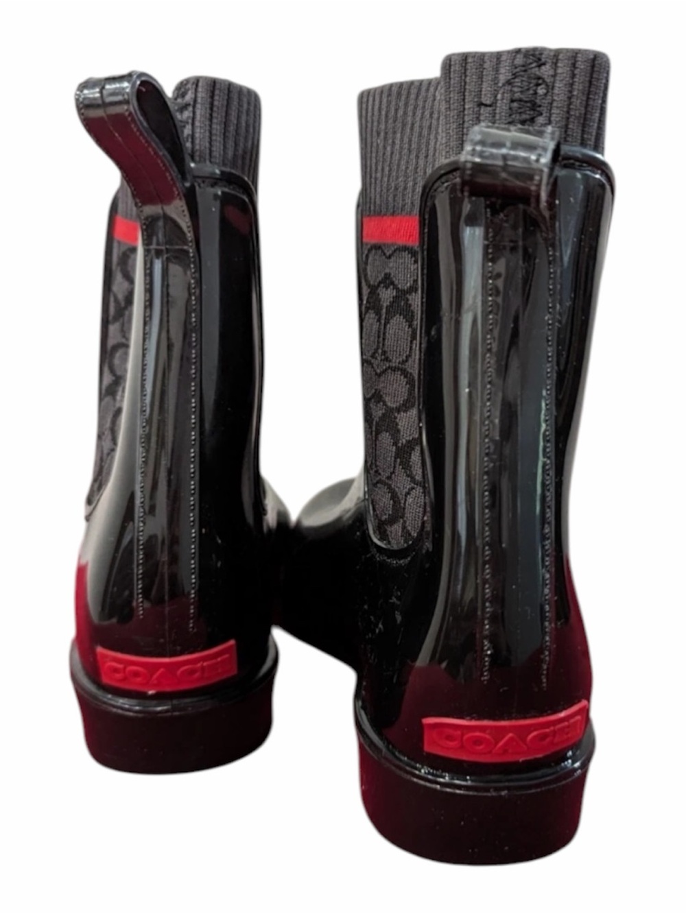 Coach Black Patent Ankle Rain Boots with Gray Knit Collar and Red Trim - Picture 6 of 7